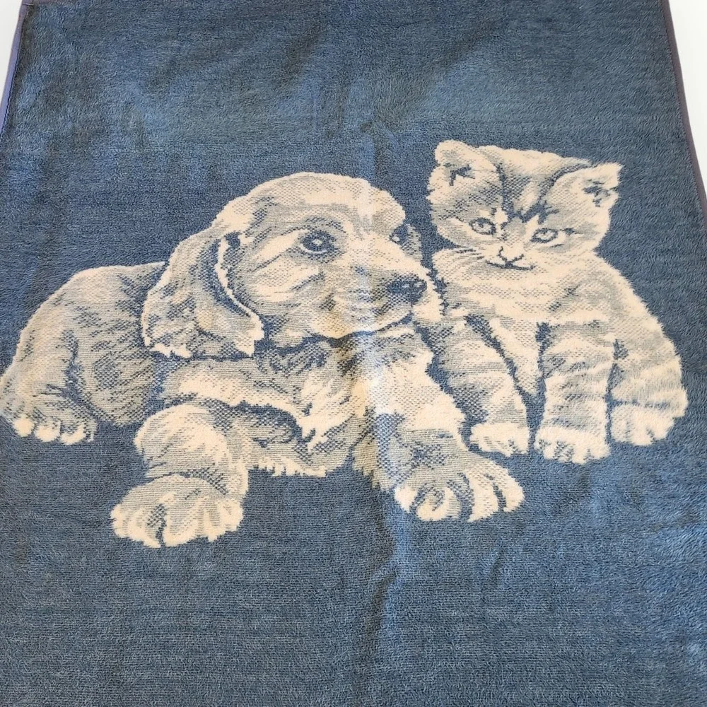 Vintage Ibena Blanket Blue Puppy Kitten Reversible Cottagecore Appx. 60x73